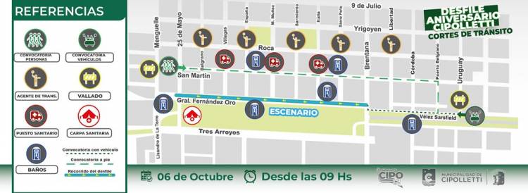 Desfile por el 121° Aniversario de la ciudad de Cipolletti:  cortes de calles y ubicación de puestos sanitarios 